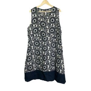 FLAX Banded Simplicity Midnight Print Floral Navy Blue White Dress Linen